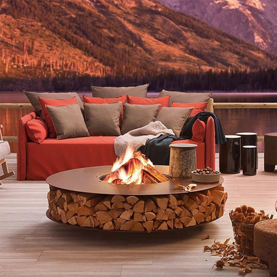 ที่เก็บฟืนแบบกลม Corten Steel เฟอร์นิเจอร์โลหะกลางแจ้ง ที่วางไม้ Fire Pit Table With Chairs
