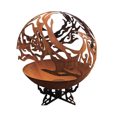 Phoenix Pattern Steel Fire Pit ลานกลางแจ้ง Corten Sphere Firepit สำหรับสวนร้อน