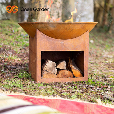 รอบสวนกลางแจ้งไม้เผา Corten Steel Fire Pit 3mm พร้อมที่เก็บไม้