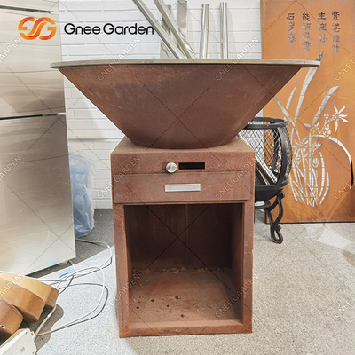 เตาทำอาหารกลางแจ้ง Corten Steel หลุมไฟพร้อมเตาย่างบาร์บีคิวเคลือบสนิมกินภายนอก
