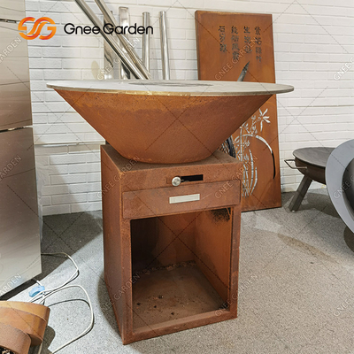 การเผาไหม้ไม้ Corten Steel Outdoor BBQ Table Fire Pit เตาย่างบาร์บีคิวถ่าน