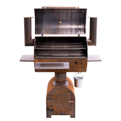 Outdoor Corten Steel BBQ Fire Grill ผู้สูบบุหรี่ถ่านด้วย Circle Plancha Grill Plate