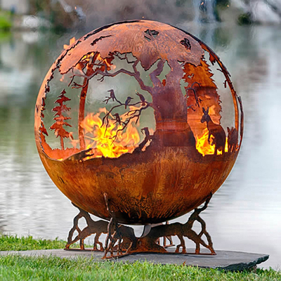 Handcrafted หนา 100 ซม. Corten Steel Fire Pit และ Water Bowl Sphere Shaped