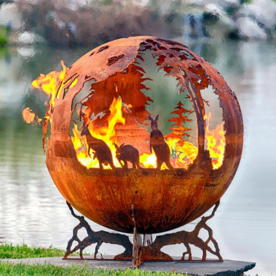Handcrafted หนา 100 ซม. Corten Steel Fire Pit และ Water Bowl Sphere Shaped
