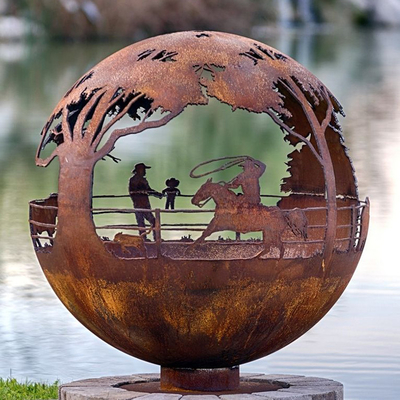 900mm ตกแต่ง Corten Globe Steel Fire Pit Handcrafted