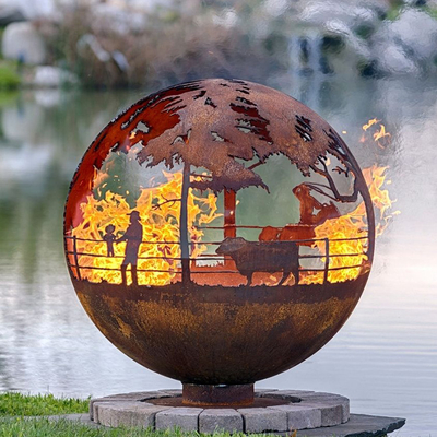 900mm ตกแต่ง Corten Globe Steel Fire Pit Handcrafted