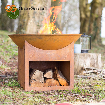 รอบสวนกลางแจ้งไม้เผา Corten Steel Fire Pit 3mm พร้อมที่เก็บไม้